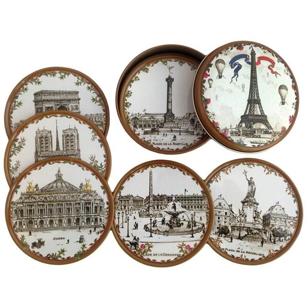 Au Bain Marie Paris Scenes Metal Coaster Set of 6 Vintage French Decor with Box